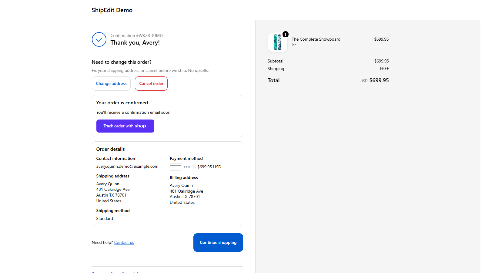 ShipEdit menu on the Shopify thank-you page with Change address and Cancel order options